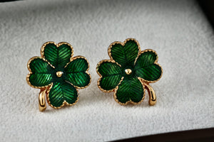 Vintage Avon Gold Tone Green Enamel Four Leaf Clover Clip-On Earrings