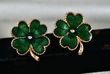 Load image into Gallery viewer, Vintage Avon Gold Tone Green Enamel Four Leaf Clover Clip-On Earrings
