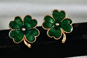 Vintage Avon Gold Tone Green Enamel Four Leaf Clover Clip-On Earrings