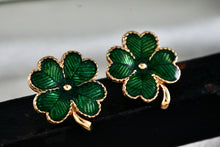 Load image into Gallery viewer, Vintage Avon Gold Tone Green Enamel Four Leaf Clover Clip-On Earrings
