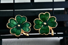 Load image into Gallery viewer, Vintage Avon Gold Tone Green Enamel Four Leaf Clover Clip-On Earrings
