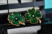 Load image into Gallery viewer, Vintage Avon Gold Tone Green Enamel Four Leaf Clover Clip-On Earrings
