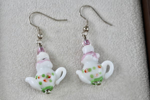 Hand Made Porcelain Ceramic Dangle Tea Pot Costume Earrings