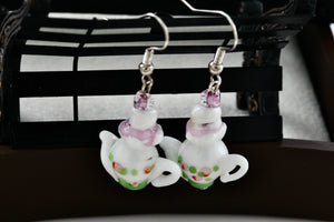 Hand Made Porcelain Ceramic Dangle Tea Pot Costume Earrings