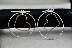 IBB Sterling Silver Dangle Heart Circle Hook Earrings