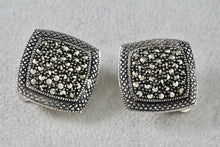 Load image into Gallery viewer, Large Sterling Silver Marcasite Square Cushion Rhinestone Clip-On Earrings Signed MJ
