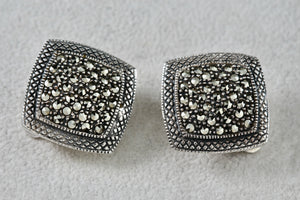 Large Sterling Silver Marcasite Square Cushion Rhinestone Clip-On Earrings Signed MJ