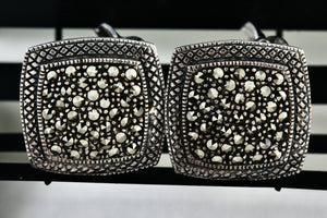 Large Sterling Silver Marcasite Square Cushion Rhinestone Clip-On Earrings Signed MJ