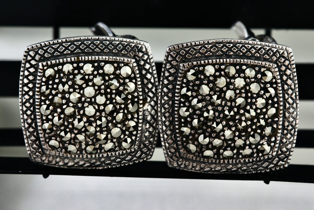 Large Sterling Silver Marcasite Square Cushion Rhinestone Clip-On Earrings Signed MJ