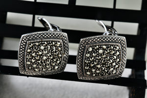 Large Sterling Silver Marcasite Square Cushion Rhinestone Clip-On Earrings Signed MJ