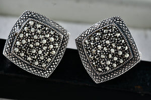 Large Sterling Silver Marcasite Square Cushion Rhinestone Clip-On Earrings Signed MJ