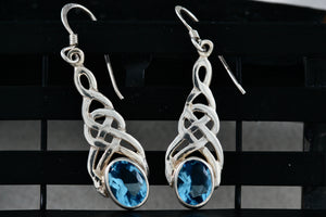 Sterling Silver Oval Blue Topaz Celtic Knot Dangle Hook Earrings