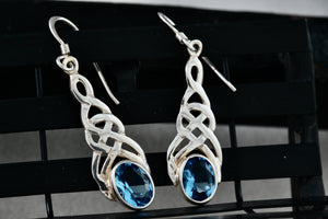 Sterling Silver Oval Blue Topaz Celtic Knot Dangle Hook Earrings