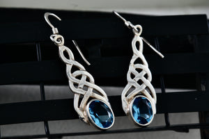 Sterling Silver Oval Blue Topaz Celtic Knot Dangle Hook Earrings