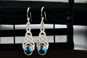 Sterling Silver Oval Blue Topaz Celtic Knot Dangle Hook Earrings