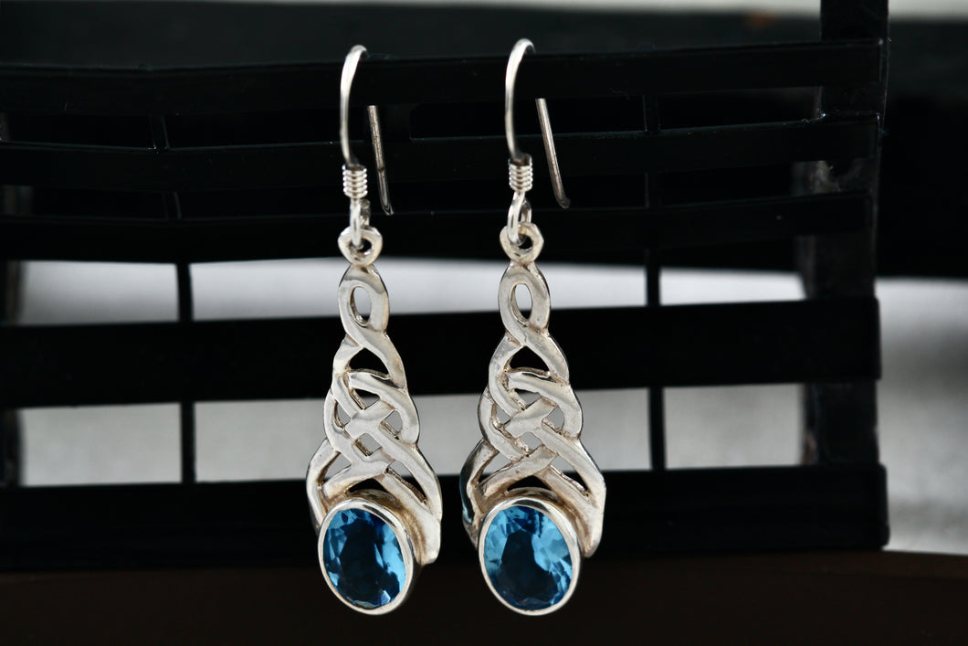 Sterling Silver Oval Blue Topaz Celtic Knot Dangle Hook Earrings