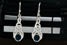 Load image into Gallery viewer, Sterling Silver Oval Blue Topaz Celtic Knot Dangle Hook Earrings
