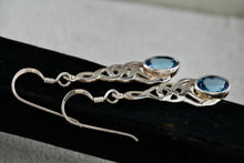 Load image into Gallery viewer, Sterling Silver Oval Blue Topaz Celtic Knot Dangle Hook Earrings
