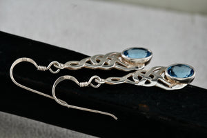 Sterling Silver Oval Blue Topaz Celtic Knot Dangle Hook Earrings