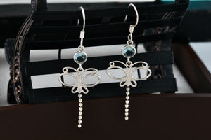 Sterling Silver Aquamarine Dragonfly Dangle Hook Earrings