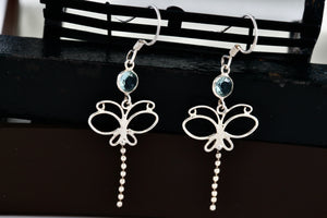 Sterling Silver Aquamarine Dragonfly Dangle Hook Earrings