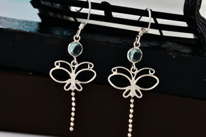 Sterling Silver Aquamarine Dragonfly Dangle Hook Earrings