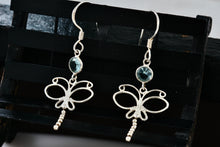 Load image into Gallery viewer, Sterling Silver Aquamarine Dragonfly Dangle Hook Earrings
