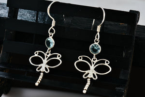 Sterling Silver Aquamarine Dragonfly Dangle Hook Earrings