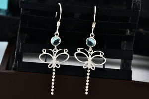 Sterling Silver Aquamarine Dragonfly Dangle Hook Earrings