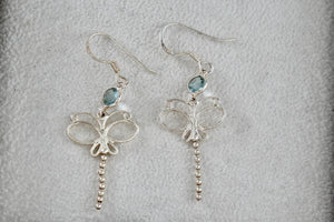 Sterling Silver Aquamarine Dragonfly Dangle Hook Earrings