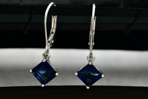 Sterling Silver Square Blue Sapphire Dangle Hook Earrings Signed NV