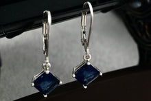 Load image into Gallery viewer, Sterling Silver Square Blue Sapphire Dangle Hook Earrings Signed NV
