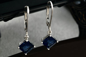 Sterling Silver Square Blue Sapphire Dangle Hook Earrings Signed NV