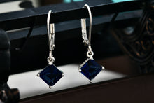 Load image into Gallery viewer, Sterling Silver Square Blue Sapphire Dangle Hook Earrings Signed NV
