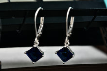 Load image into Gallery viewer, Sterling Silver Square Blue Sapphire Dangle Hook Earrings Signed NV
