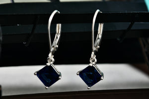 Sterling Silver Square Blue Sapphire Dangle Hook Earrings Signed NV