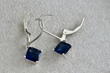 Load image into Gallery viewer, Sterling Silver Square Blue Sapphire Dangle Hook Earrings Signed NV
