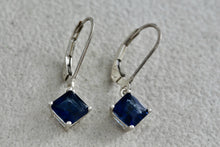 Load image into Gallery viewer, Sterling Silver Square Blue Sapphire Dangle Hook Earrings Signed NV
