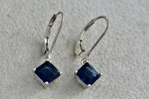 Sterling Silver Square Blue Sapphire Dangle Hook Earrings Signed NV