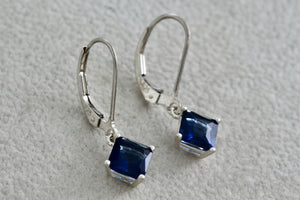 Sterling Silver Square Blue Sapphire Dangle Hook Earrings Signed NV