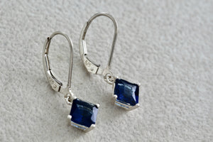 Sterling Silver Square Blue Sapphire Dangle Hook Earrings Signed NV