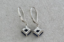 Load image into Gallery viewer, Sterling Silver Square Blue Sapphire Dangle Hook Earrings Signed NV
