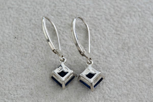 Sterling Silver Square Blue Sapphire Dangle Hook Earrings Signed NV