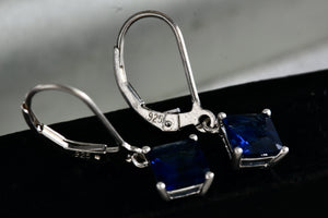 Sterling Silver Square Blue Sapphire Dangle Hook Earrings Signed NV