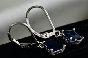 Sterling Silver Square Blue Sapphire Dangle Hook Earrings Signed NV