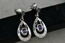 Load image into Gallery viewer, Sterling Silver Oval Purple Amethyst Dangle Rhinestone Marcasite Teardrop Stud Earrings
