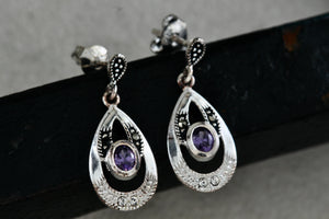 Sterling Silver Oval Purple Amethyst Dangle Rhinestone Marcasite Teardrop Stud Earrings