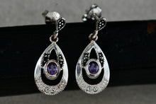 Load image into Gallery viewer, Sterling Silver Oval Purple Amethyst Dangle Rhinestone Marcasite Teardrop Stud Earrings
