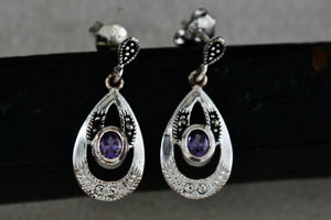 Sterling Silver Oval Purple Amethyst Dangle Rhinestone Marcasite Teardrop Stud Earrings