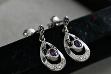 Load image into Gallery viewer, Sterling Silver Oval Purple Amethyst Dangle Rhinestone Marcasite Teardrop Stud Earrings
